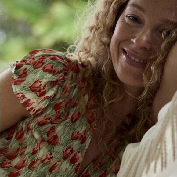 NWT Doen Kelsea Silk Rosette Floral V-Neck Short Sleeve Mini Dress Tulip Fields - Picture 6 of 16